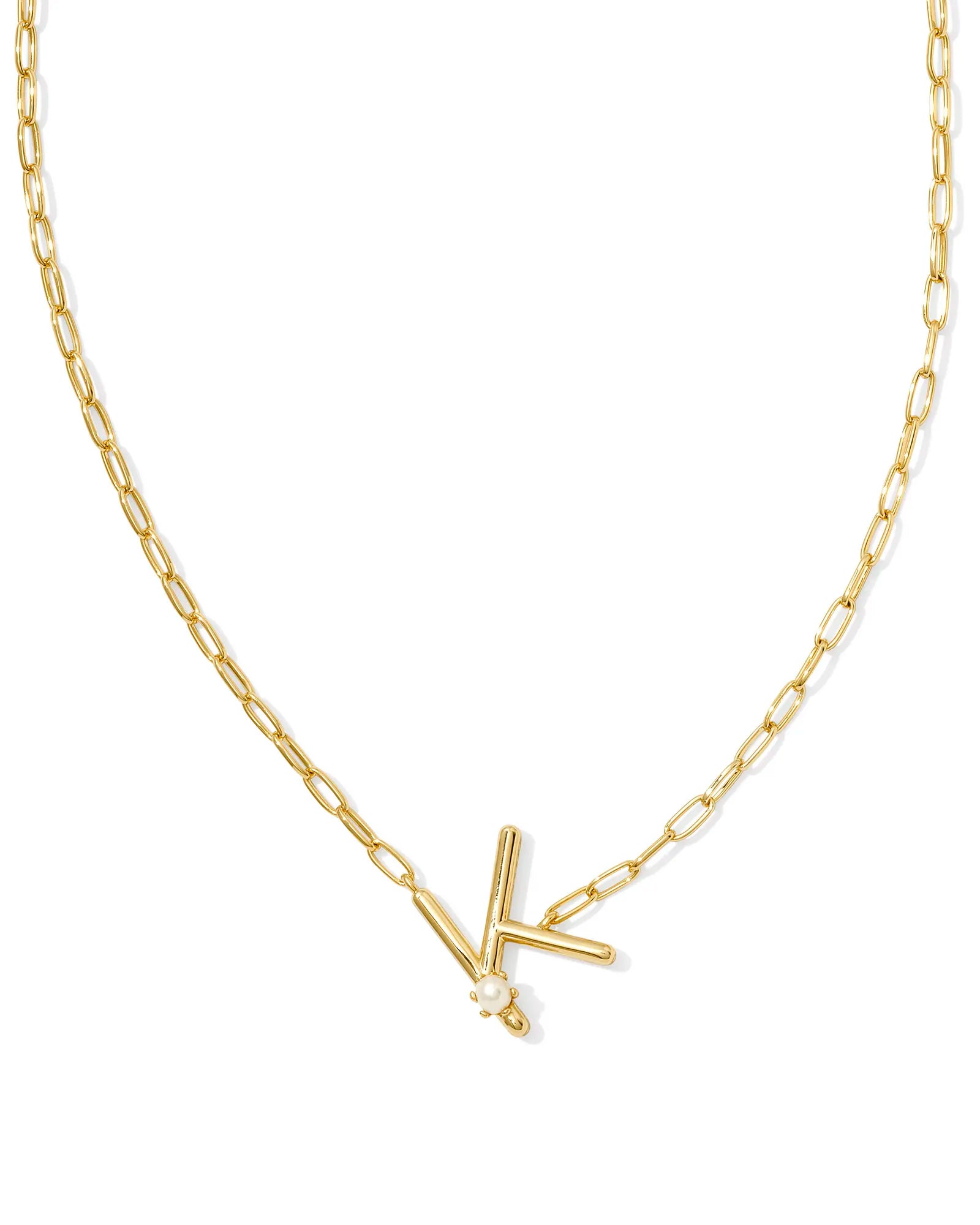 Kendra Scott Pearl Letter K Short Pendant Necklace Gold White Pearl-Necklaces-Kendra Scott-CR 07/31/24, FD 07/31/24, N00713GLD-The Twisted Chandelier