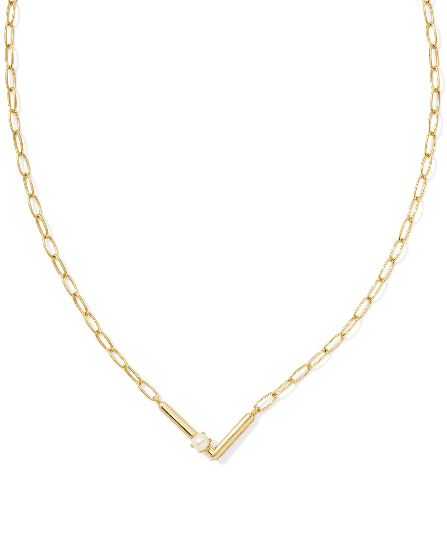 Kendra Scott Pearl Letter L Short Pendant Necklace Gold White Pearl-Necklaces-Kendra Scott-CR 07/31/24,FD 07/31/24,N00740GLD-The Twisted Chandelier