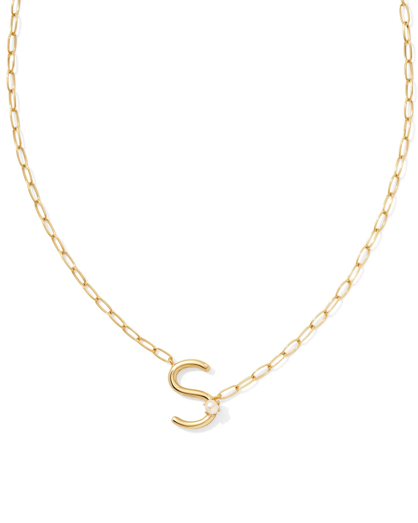 Kendra Scott Pearl Letter S Short Pendant Necklace Gold White Pearl-Necklaces-Kendra Scott-CR 07/31/24, FD 07/31/24, N00712GLD-The Twisted Chandelier