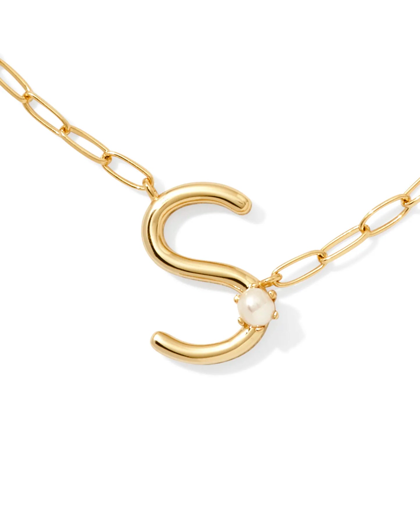 Kendra Scott Pearl Letter S Short Pendant Necklace Gold White Pearl-Necklaces-Kendra Scott-CR 07/31/24, FD 07/31/24, N00712GLD-The Twisted Chandelier