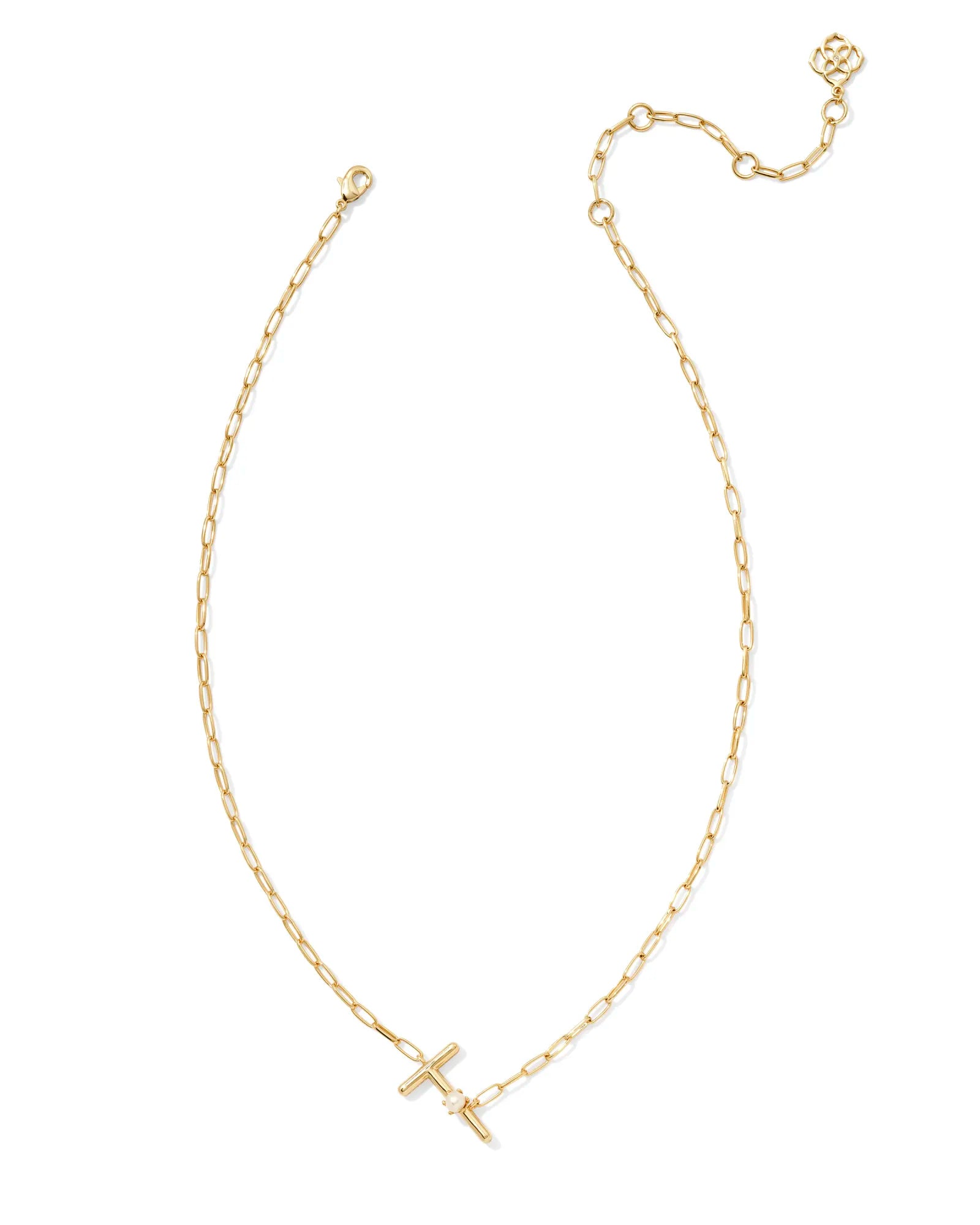 Kendra Scott Pearl Letter T Short Pendant Necklace Gold White Pearl-Necklaces-Kendra Scott-CR 07/31/24, FD 07/31/24, N00746GLD-The Twisted Chandelier