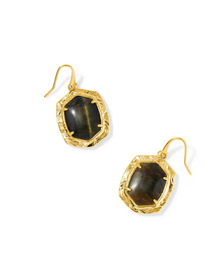 Kendra Scott Tiger Striped Daphne Drop Earrings Gold Dark Brown Hawk's Eye