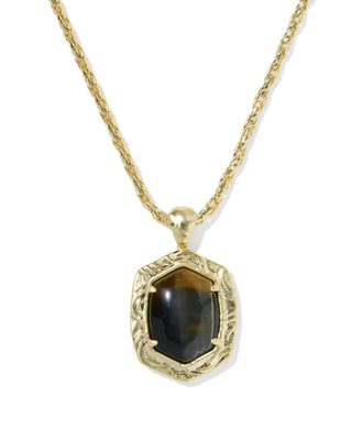 Kendra Scott Tiger Striped Daphne Small Long Pendant Necklace Gold Dark Brown Hawk's Eye