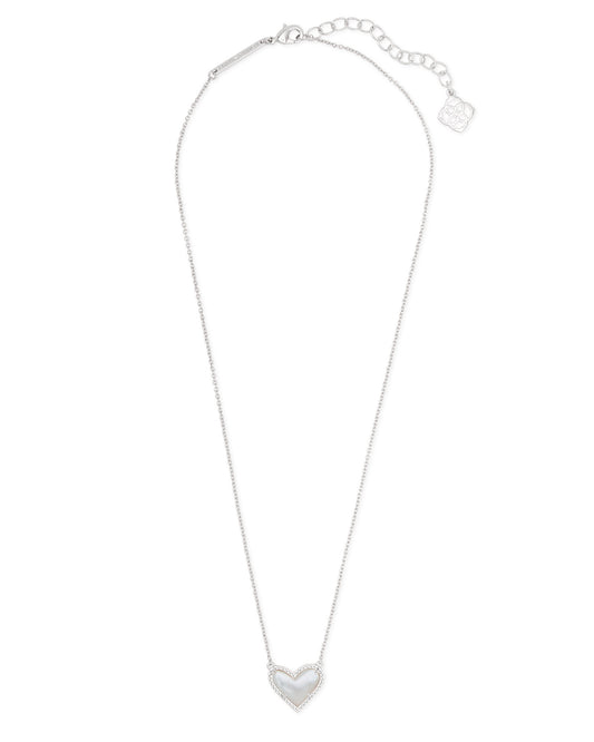 Kendra Scott Ari Heart Short Pendant Necklace Rhodium Ivory Mother Of Pearl-Necklace-Kendra Scott-APRIL2022, KS, N1337RHD-The Twisted Chandelier