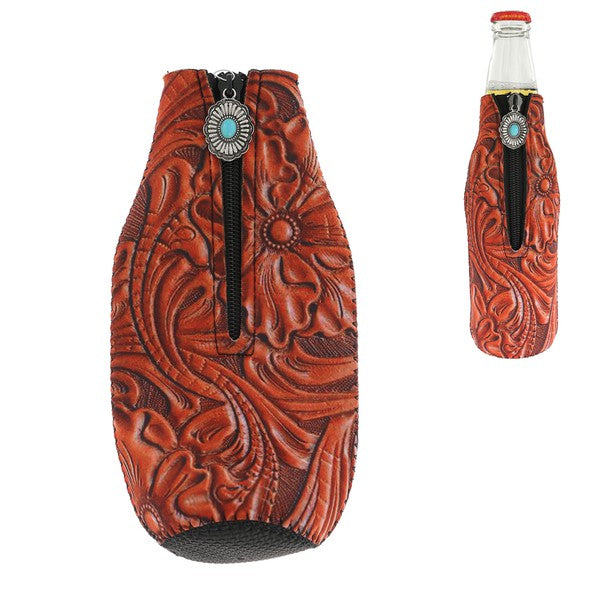 Brown Tooled Leather Print & Flower Concho Zipper Charm Bottle Drink Sleeve-Drink Sleeves-Something Special LA--The Twisted Chandelier