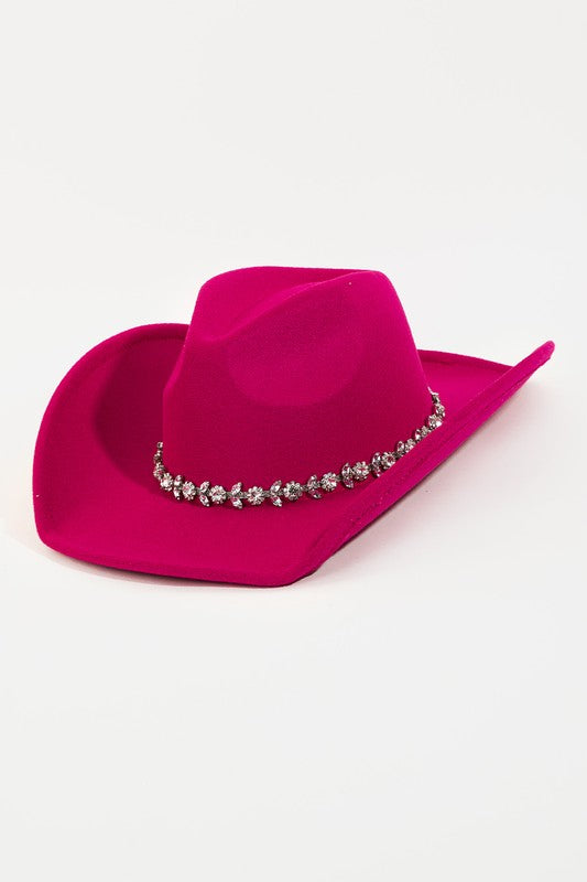 Flower Rhinestone Chain Strap Cowboy Hat - Fuschia-Hats-Fame Accessories-MT8760, pink-The Twisted Chandelier