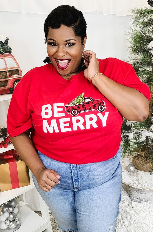 Be Merry Buffalo Plaid Truck Christmas T-Shirt - Plus-Shirts & Tops-Tees2urdoor-BMFCT, orange-The Twisted Chandelier
