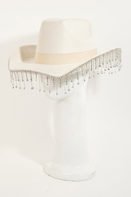 Silver Rhinestone Fringe Cowboy Hat - Ivory-Hats-Fame Accessories-MMT8911-The Twisted Chandelier