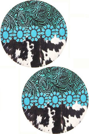 Western Flower Concho Cowhide Paisley Leather Drink Car Coaster-Car Coasters-Blandice-ST0154-The Twisted Chandelier
