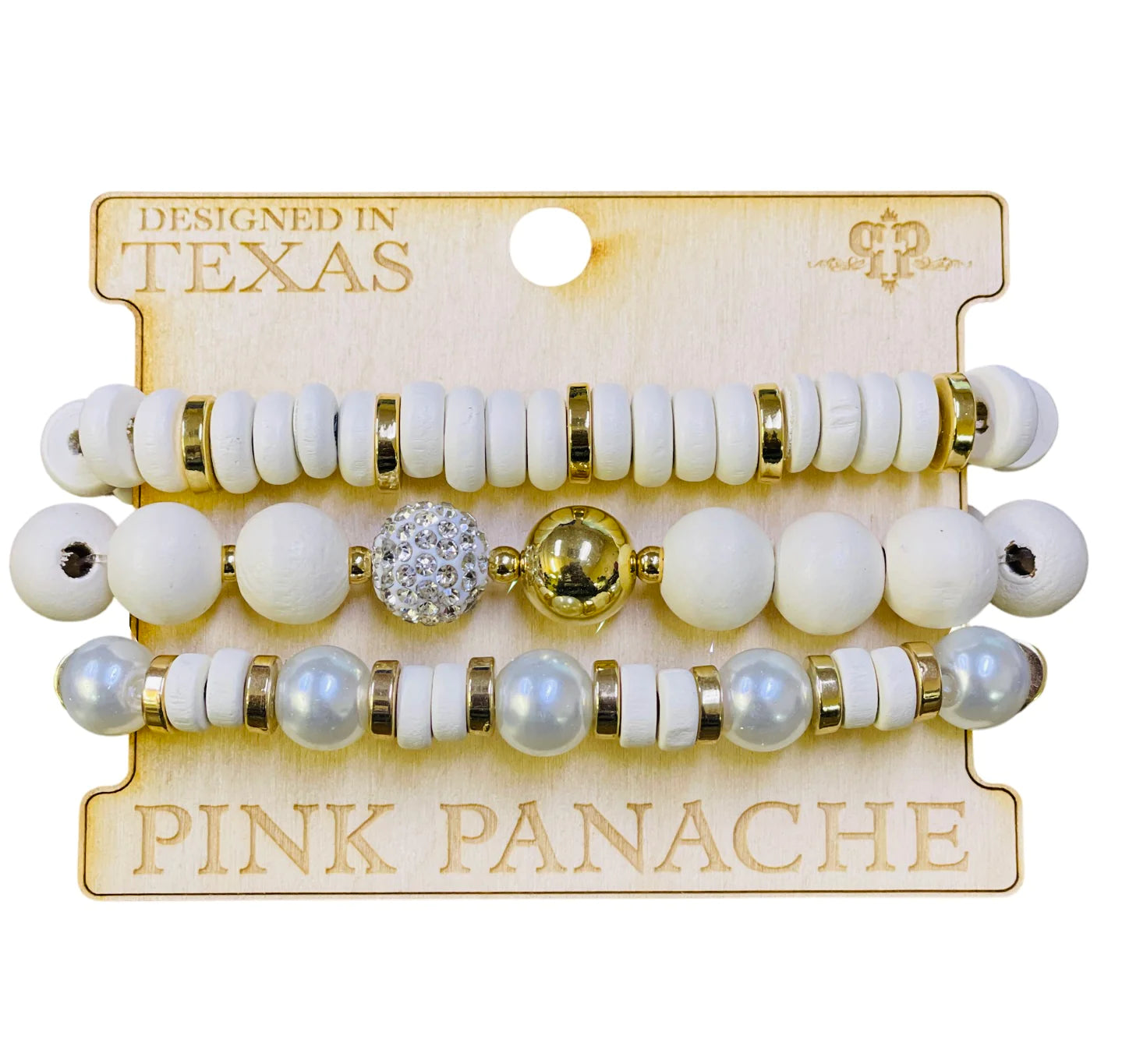 3-strand white wood round and disc bead bracelet with pave beads-Bracelet-Pink Panache--The Twisted Chandelier