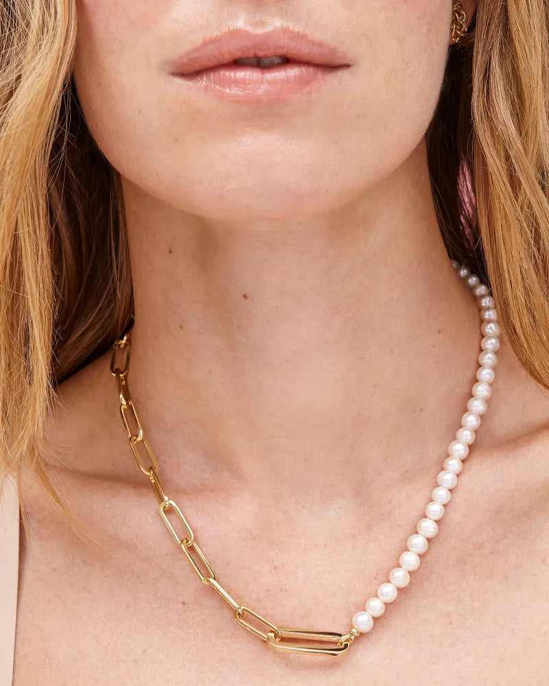 Kendra Scott Ashton Half Chain Necklace Gold White Pearl-Necklaces-Kendra Scott-N1930GLD-The Twisted Chandelier