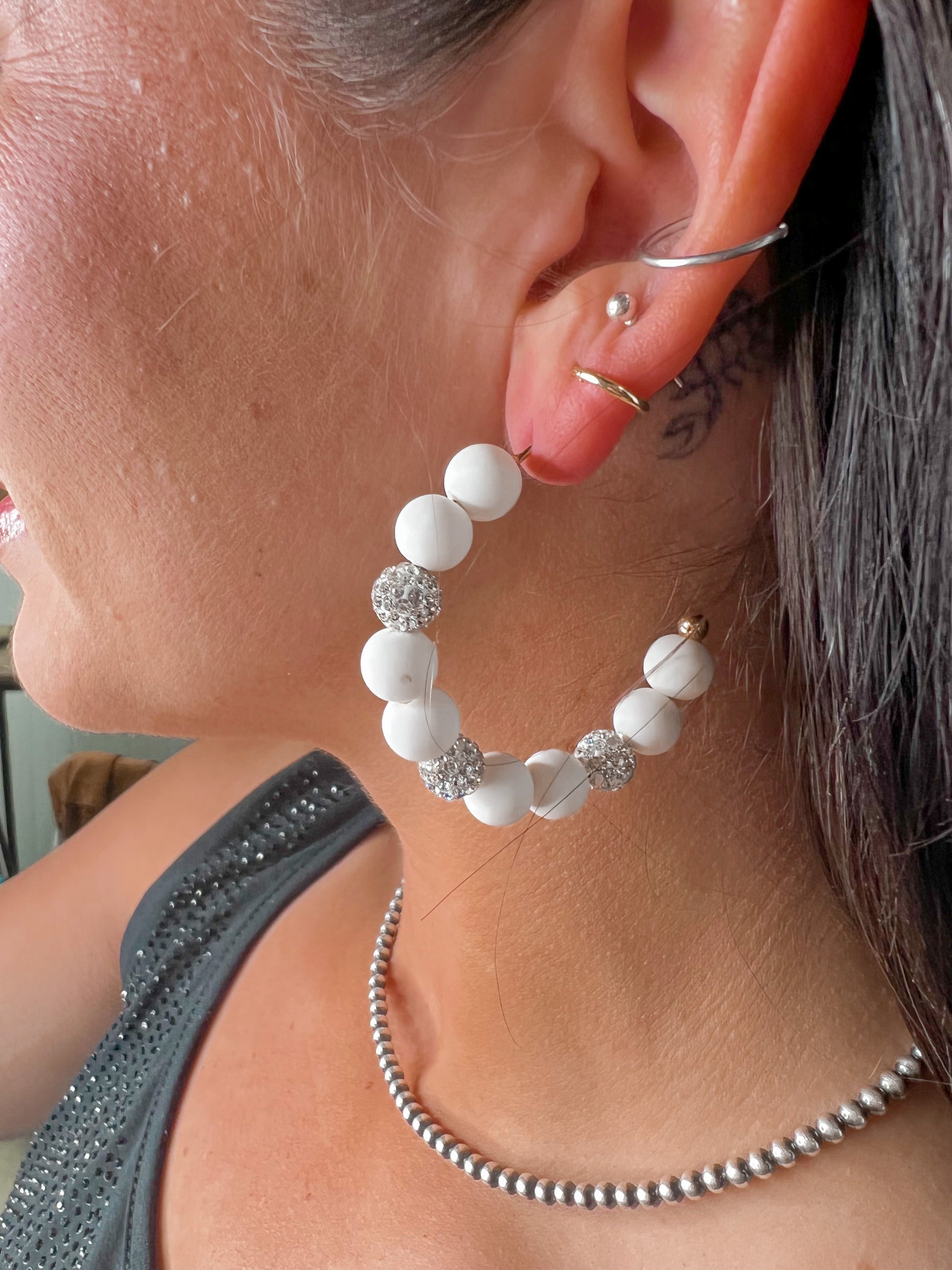 Pave Ball Clay 2" Hoop Earrings - White-Earrings-Avenue T--The Twisted Chandelier