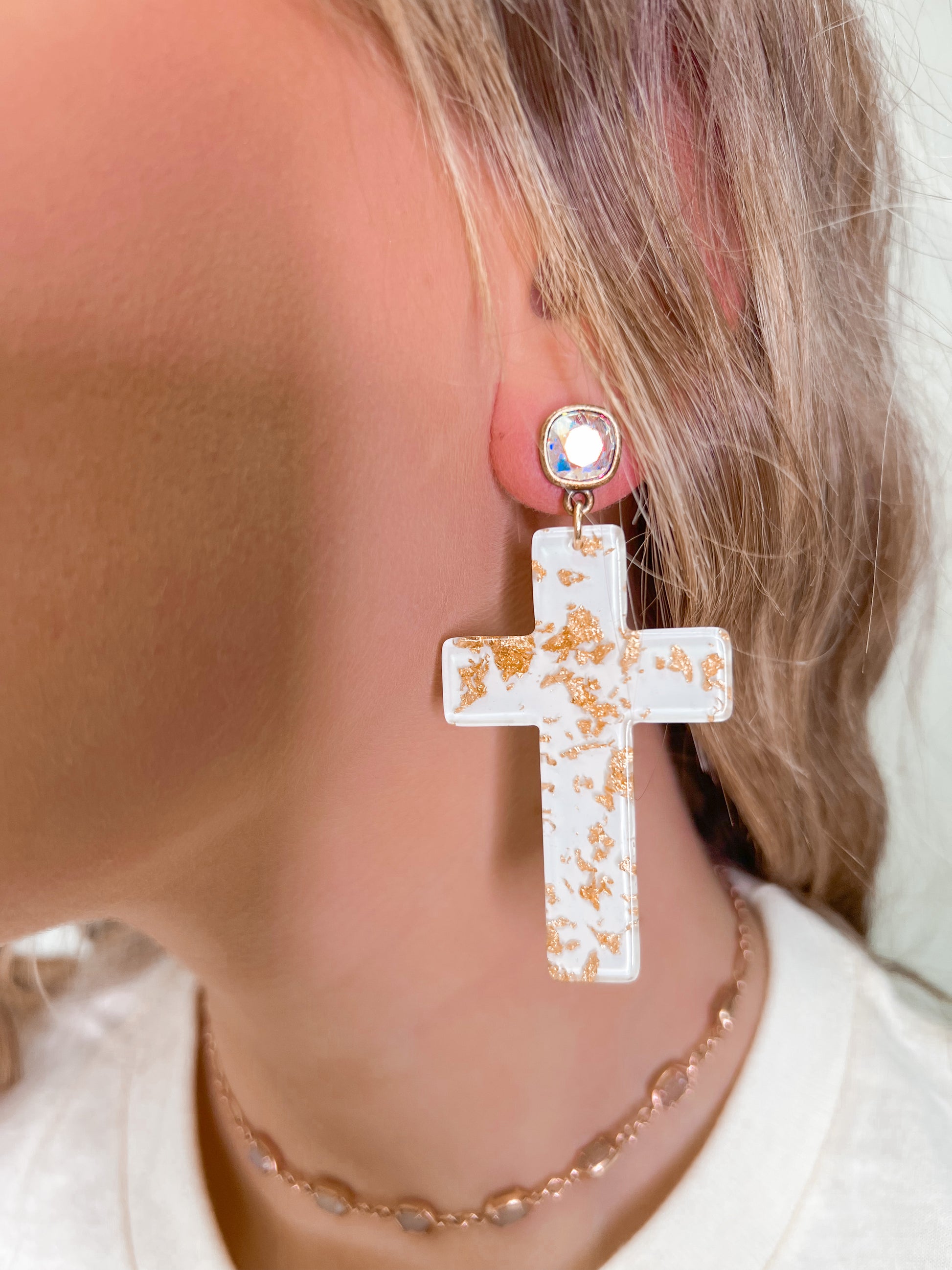 Pink Panache White Cross Earrings with Gold Flakes and AB Cushion Cut Post-Earrings-Pink Panache-FD OCT312022-The Twisted Chandelier