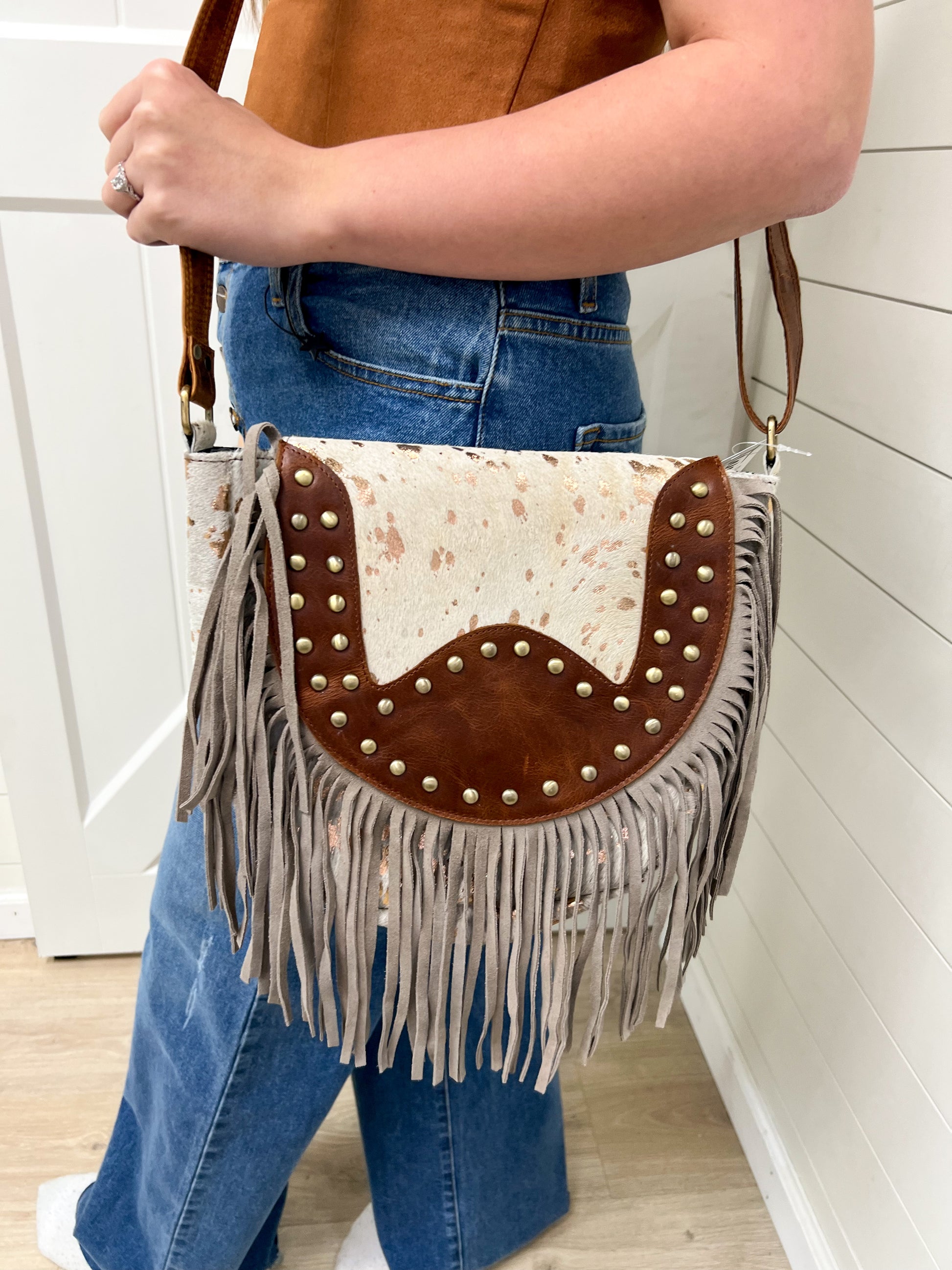 Genuine Brown Leather Metallic Washed White Cowhide Fringe Crossbody-Oversized Tote-BS Trading-1571-The Twisted Chandelier