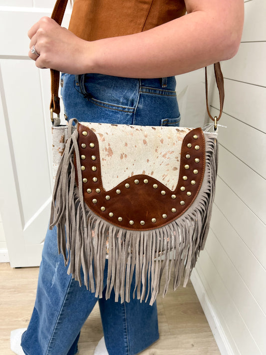 Genuine Brown Leather Metallic Washed White Cowhide Fringe Crossbody-Oversized Tote-BS Trading-1571, Max Retail-The Twisted Chandelier