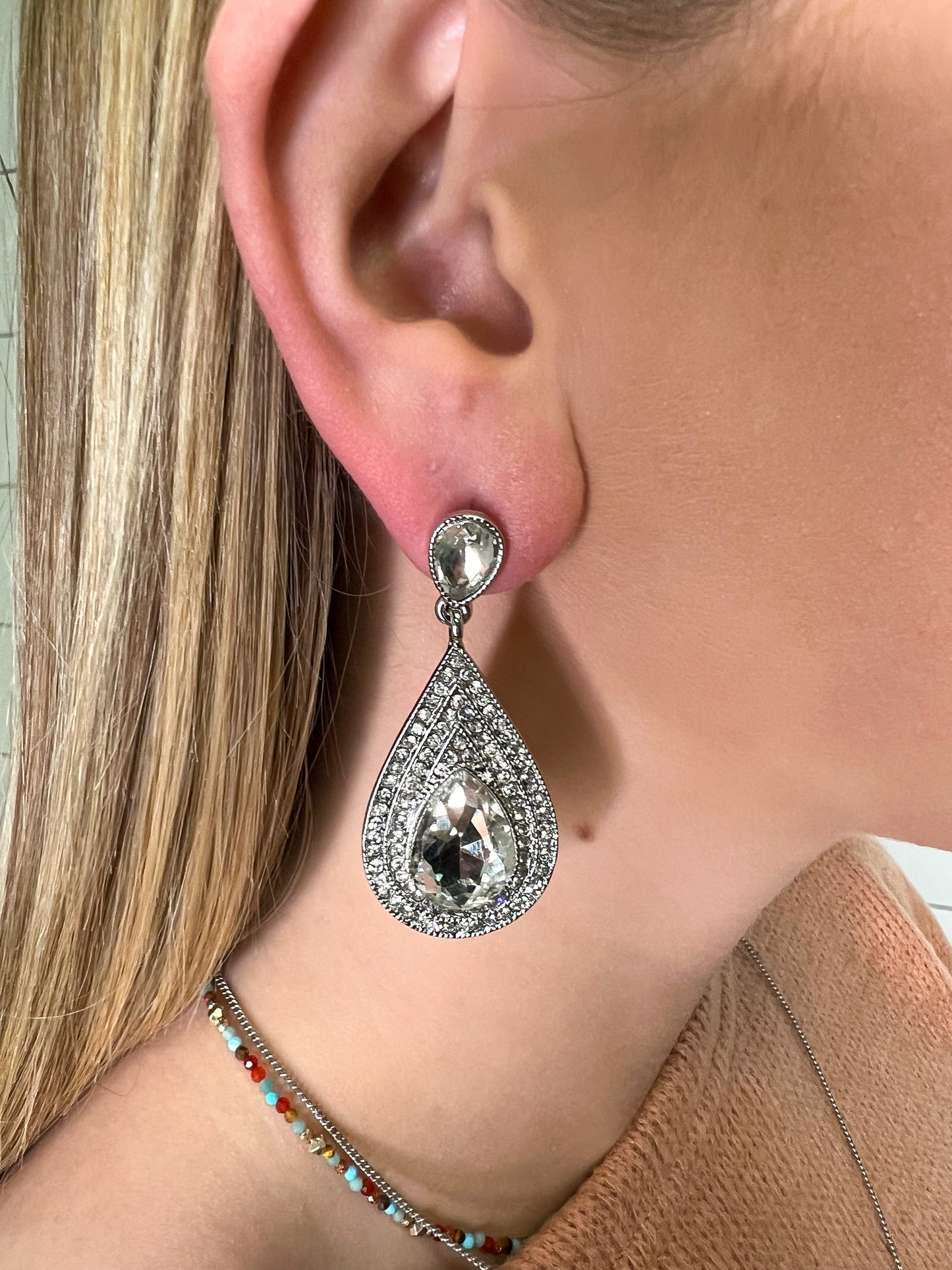 Clear Crystal Teardrop Gemstone Silver Earrings-Something Special LA--The Twisted Chandelier