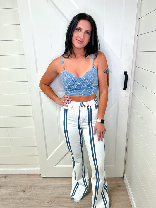 Raylee Stripe High Rise Fray Hem Super Flare Cello Jeans-Pants-Cello-WV38257STR-The Twisted Chandelier