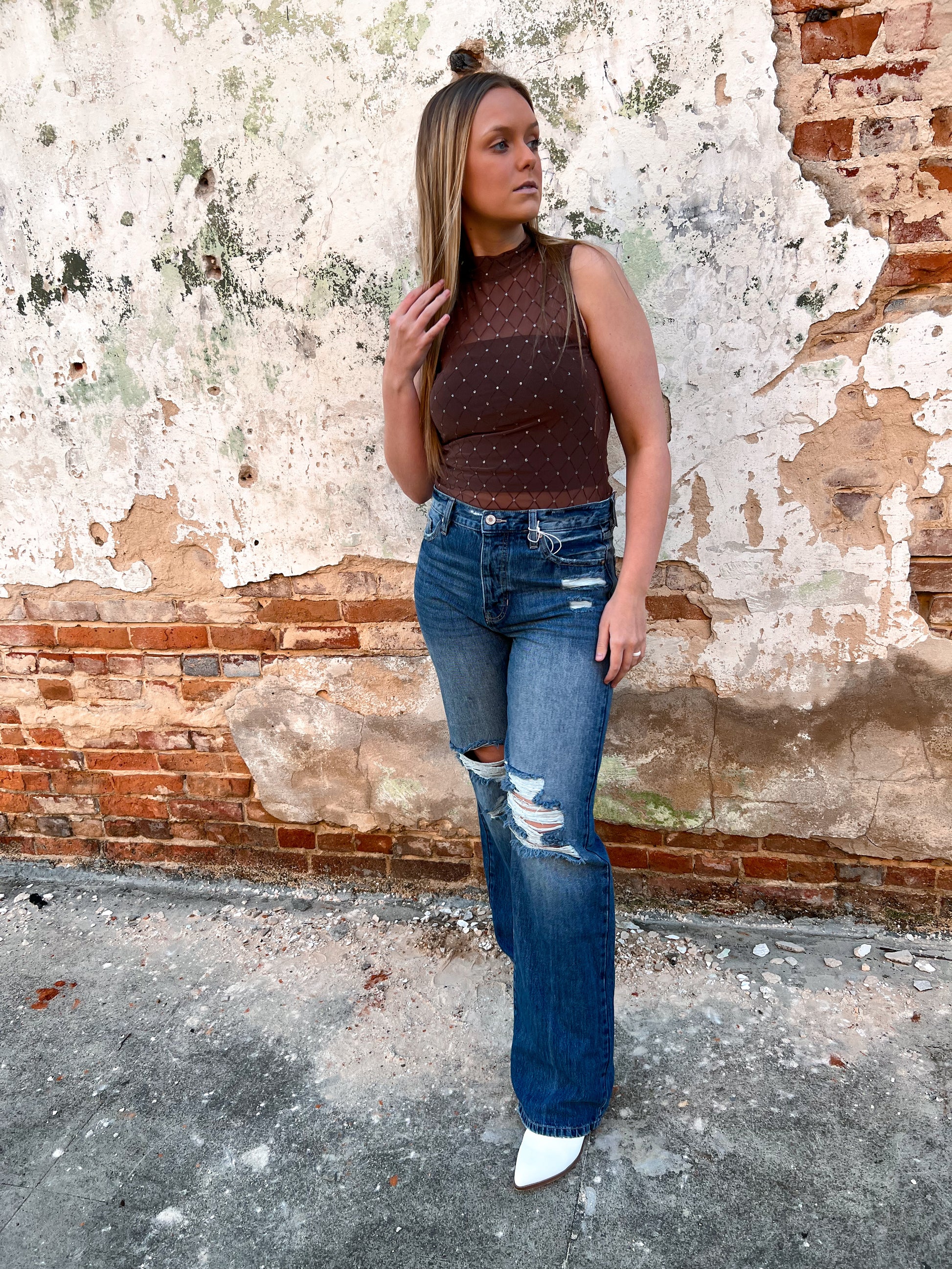 Charlotte Diamond-Patterned Sheer Mock Bodysuit - Mocha-Bodysuit-ShopIrisBasic-IT91851(Bodysuits)-The Twisted Chandelier