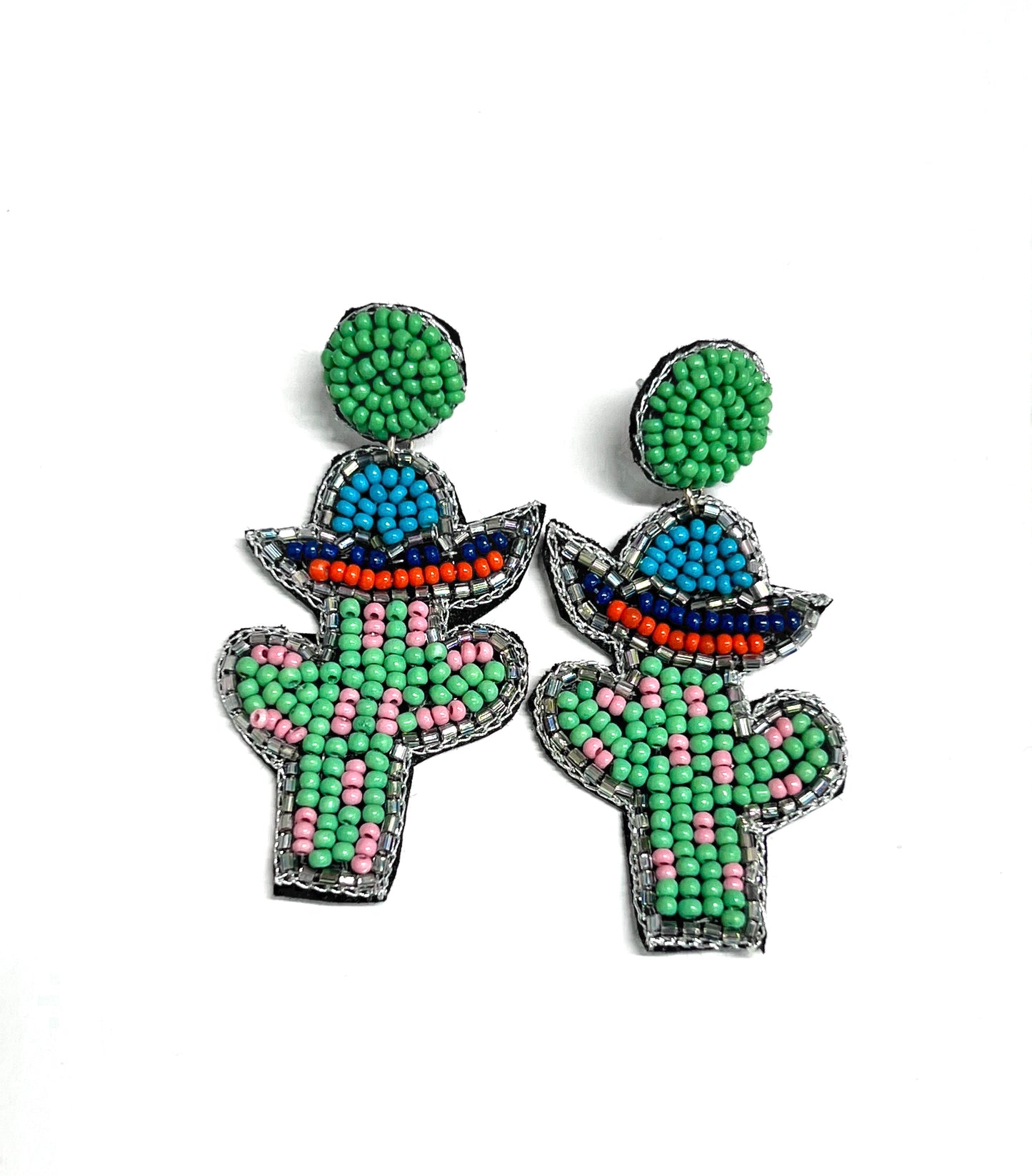 Seed Bead Cactus with Hat On Round Post Green Earrings-Earrings-806 Accessories--The Twisted Chandelier