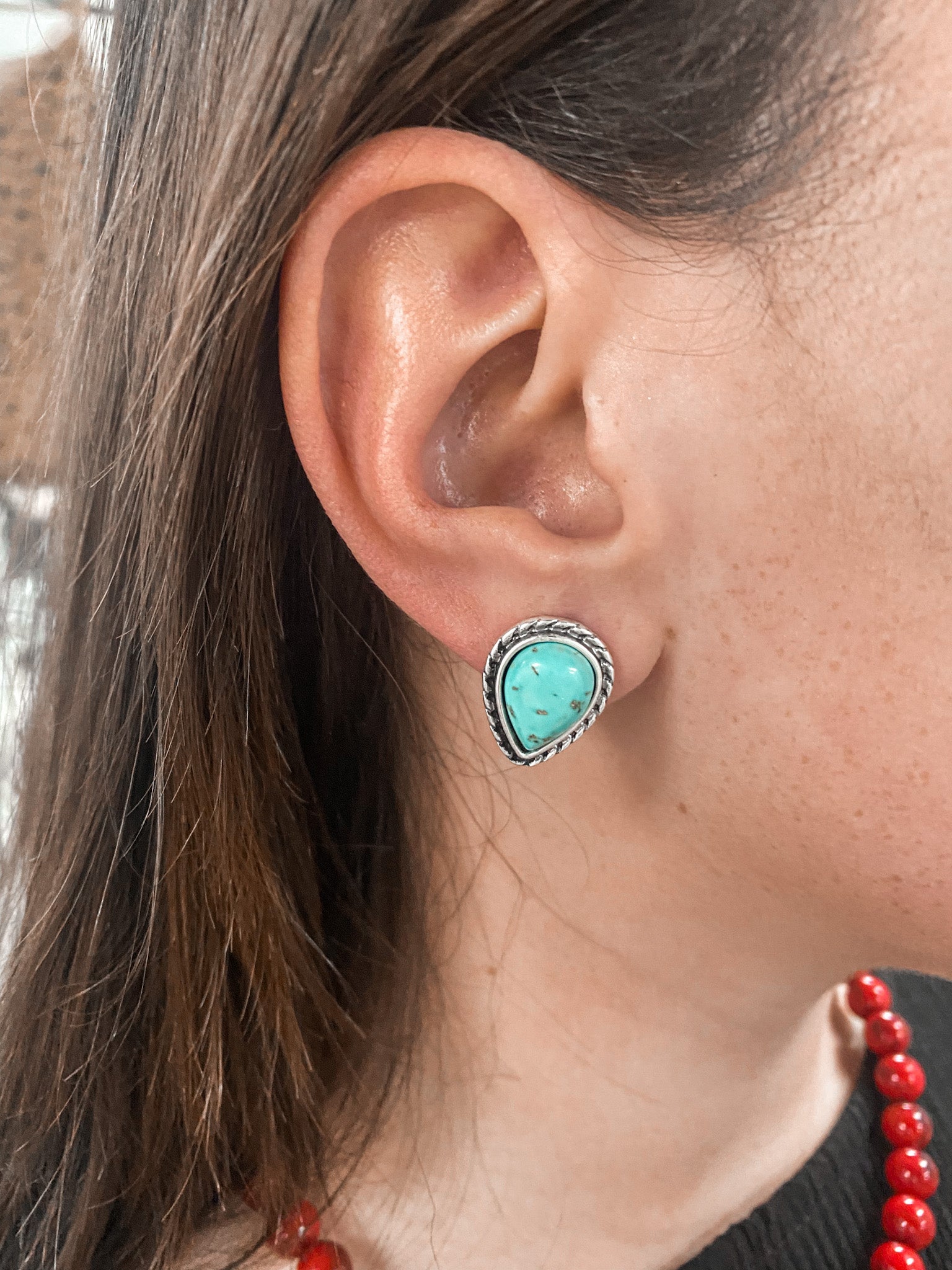 Natural Turquoise Teardrop Stud Earrings-Earrings-Isac Trading-720957, FEB2022-The Twisted Chandelier