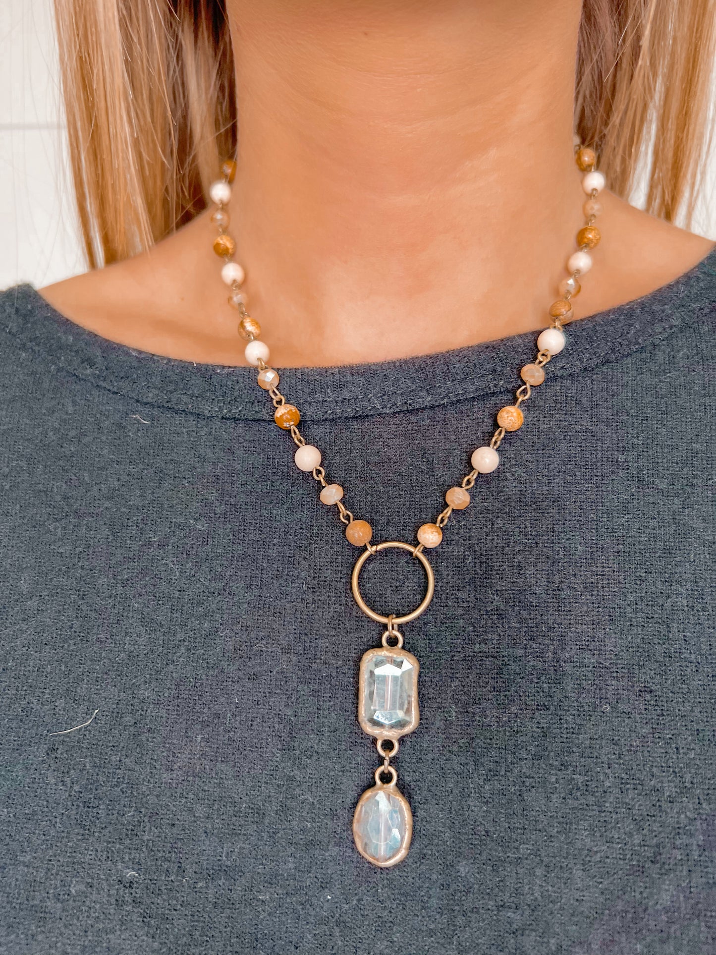 Antique Gold & Nude Crystal Bead Short Necklace with Rectangle & Oval Drop Pendant-Necklace-OMO Jewelry-NE350MC101-The Twisted Chandelier