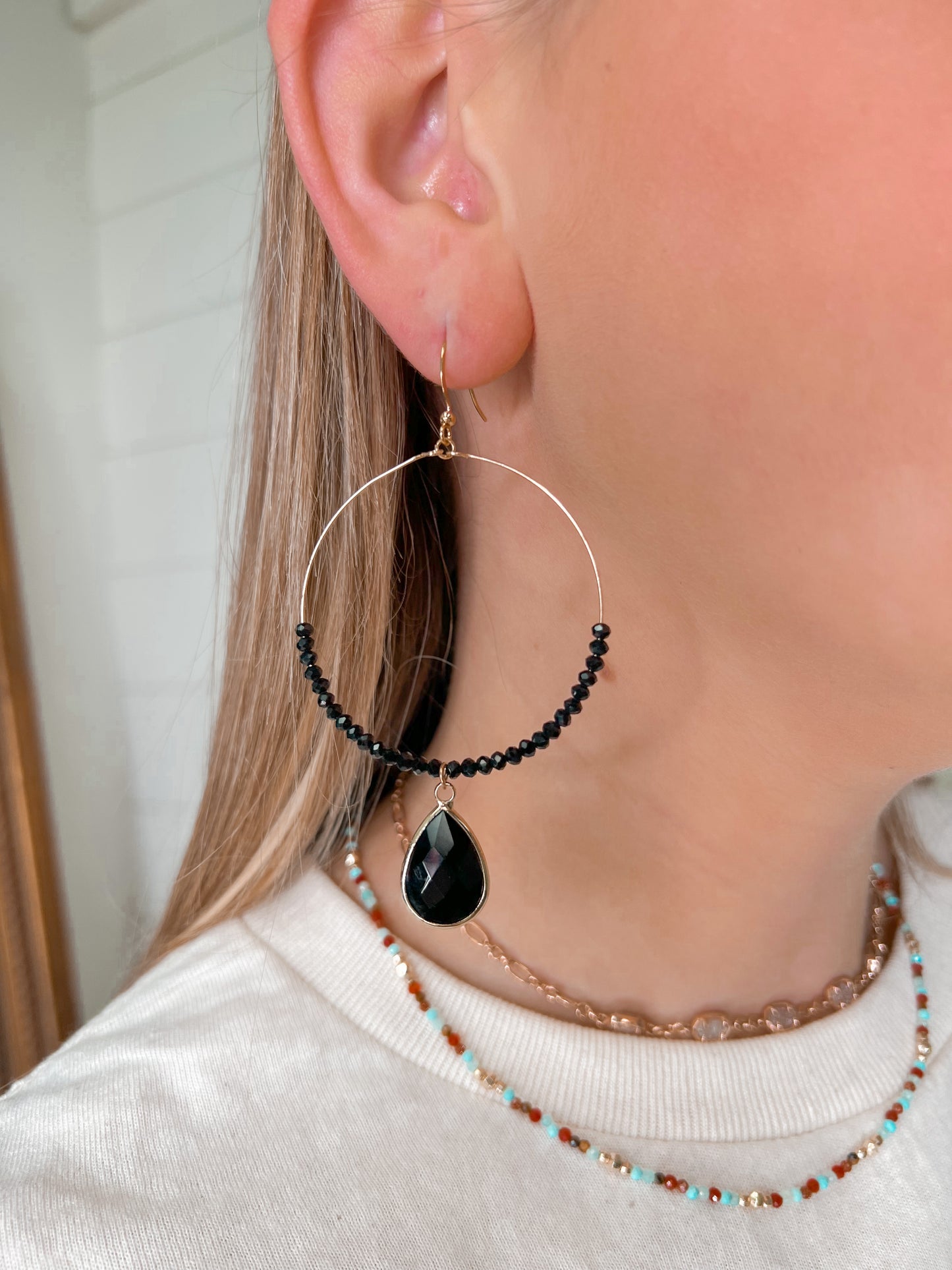 Black Bead Gold Wire Hoop with Crystal Teardrop Earrings-Earrings-OMO Jewelry-ER920302-The Twisted Chandelier