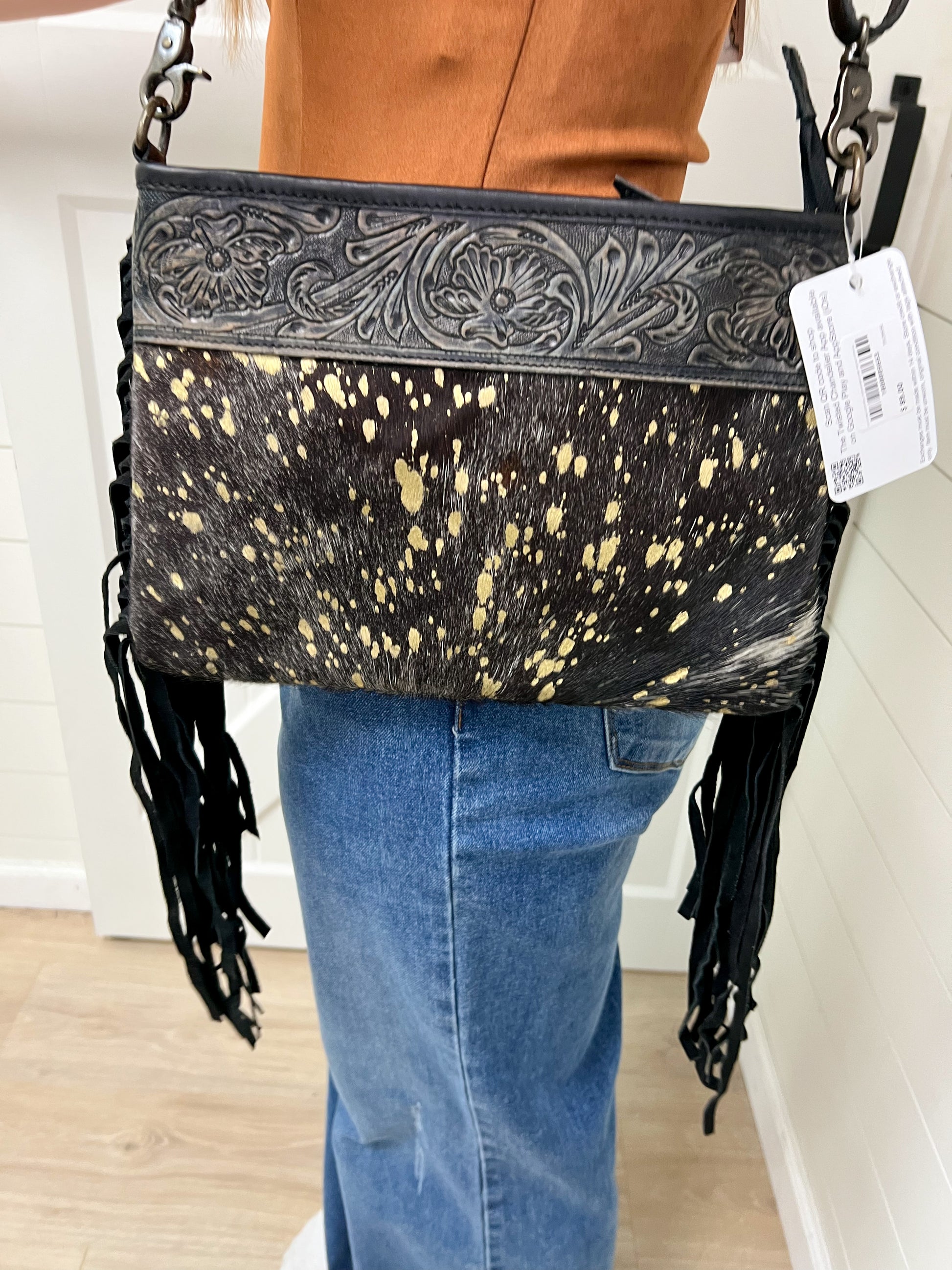 Genuine Black Leather Metallic Washed Brindle Cowhide Fringe Square Crossbody-Oversized Tote-BS Trading-2177, Max Retail-The Twisted Chandelier