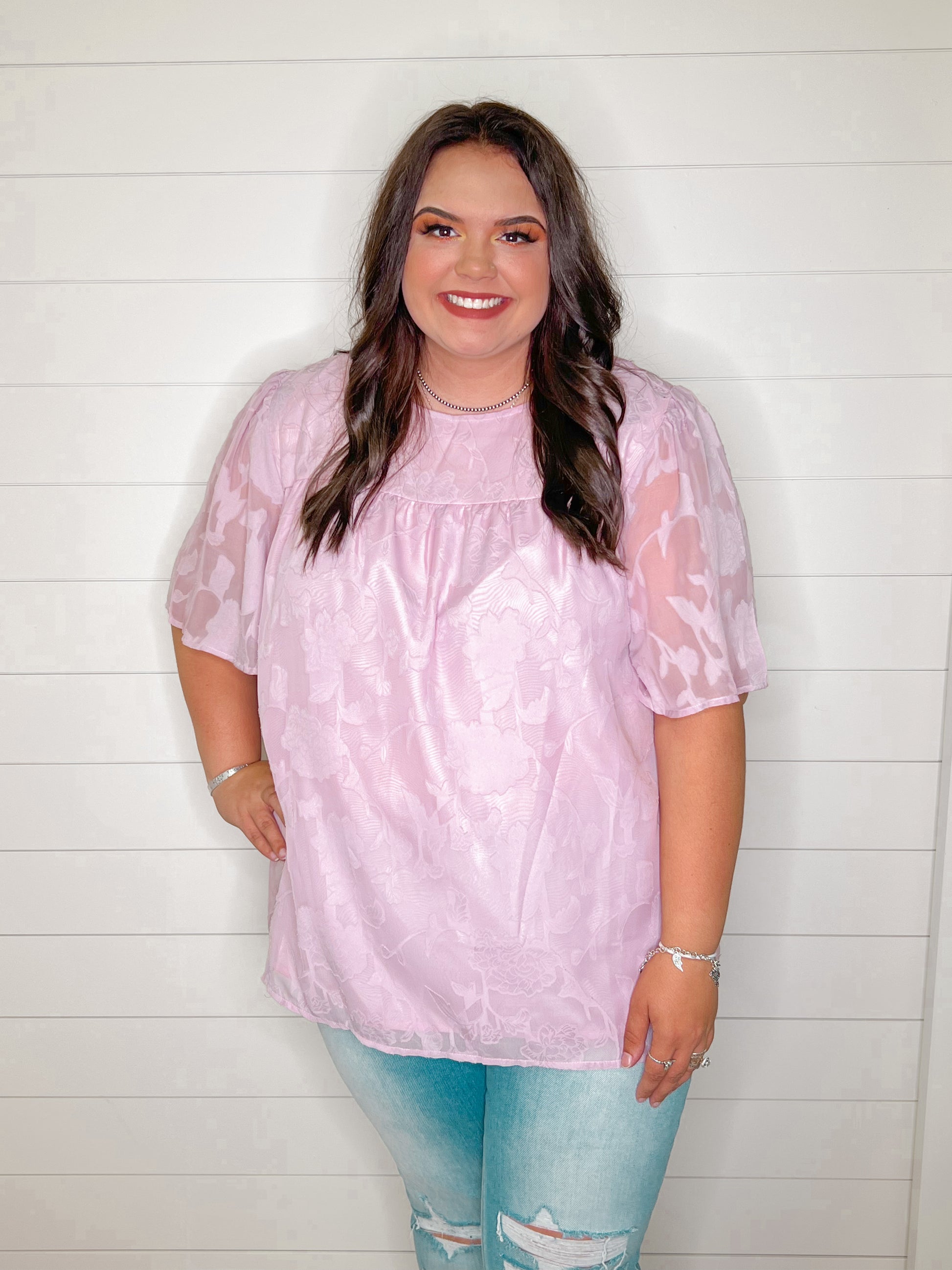 Olivia Lilac Floral Textured Half Sleeve Babydoll Top - Plus-Shirts & Tops-Youmi-blue, Mystery 2X - 2X3, YM25112100 Tops-The Twisted Chandelier