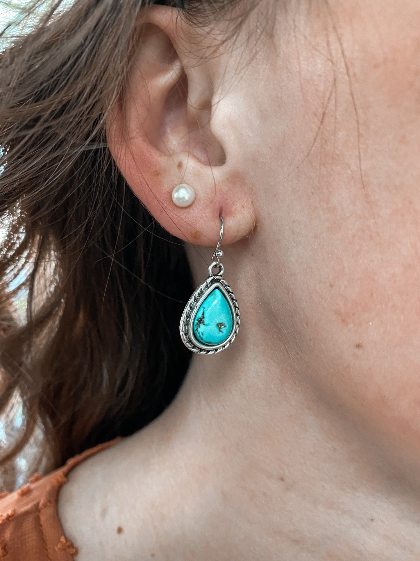 Natural Turquoise Teardrop Earrings with Silver Accent-Earrings-Isac Trading-721936, FEB2022-The Twisted Chandelier