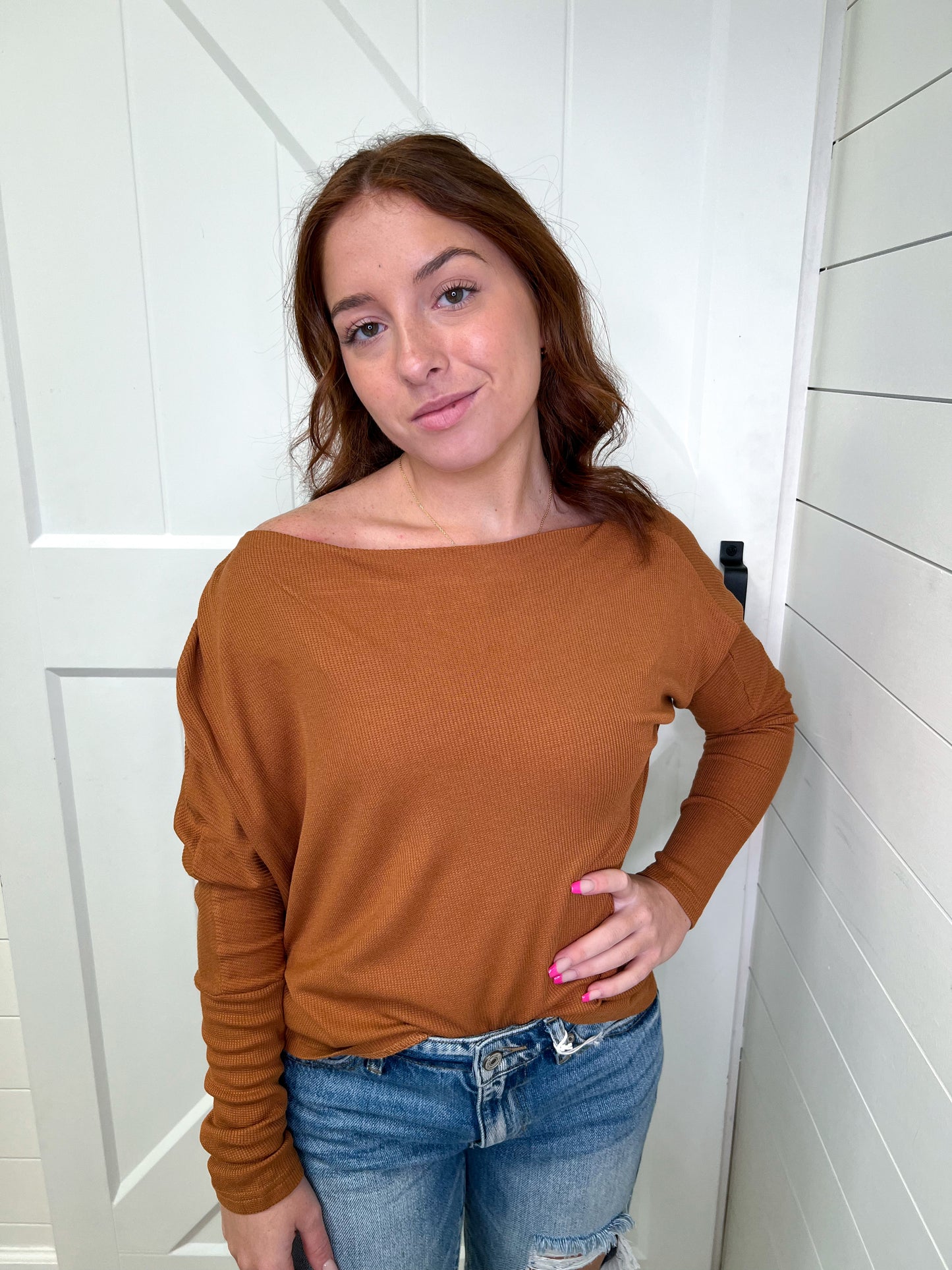 Anna Boat Neck Dolman Sleeve Waffle Knit Top - Tan-Shirt-Listicle-blue, JAN2022, LT1104-The Twisted Chandelier