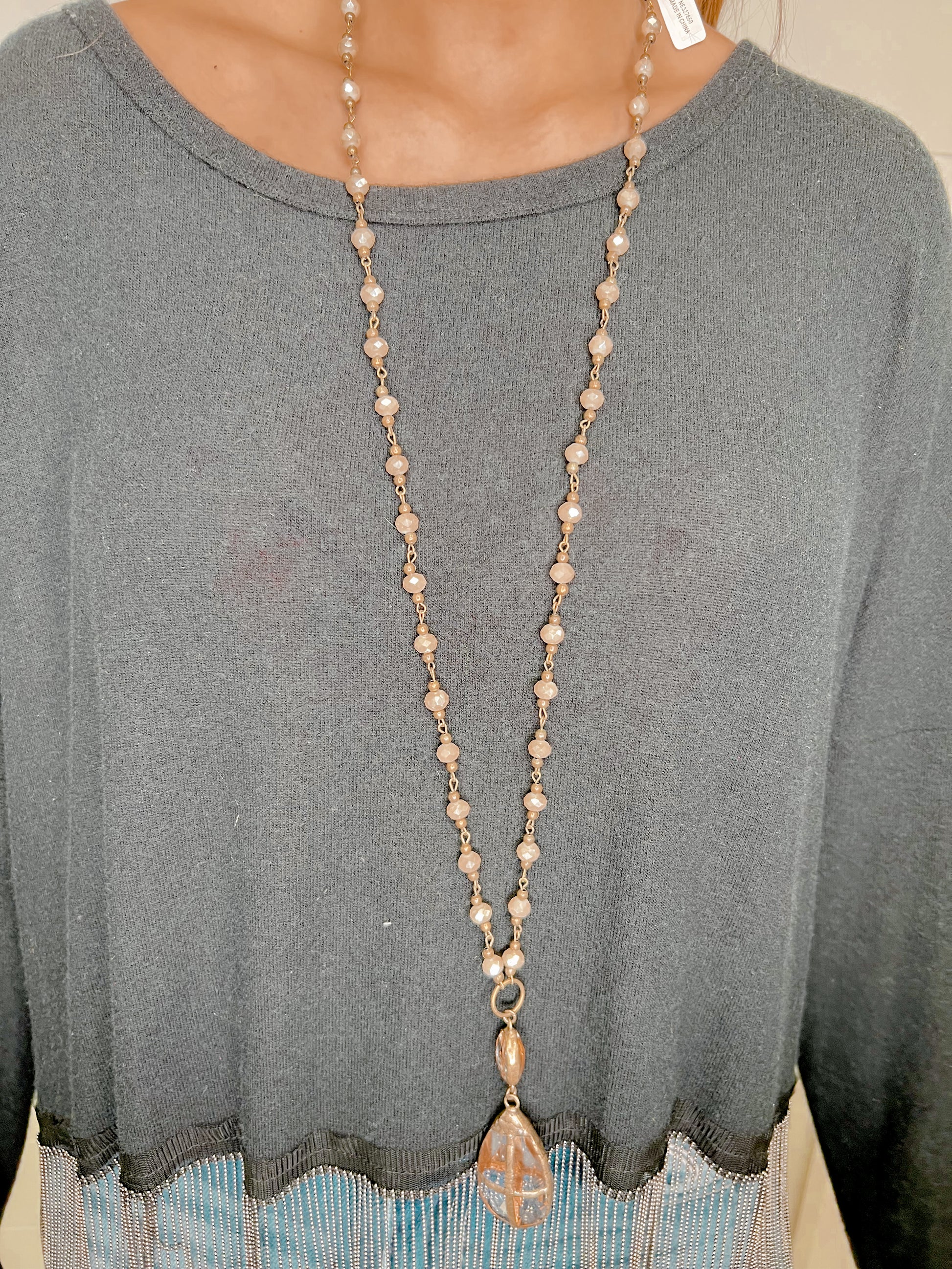 Antique Gold & Nude Crystal Bead Long Necklace with Large Teardrop Pendant-Necklace-OMO Jewelry-NE327660-The Twisted Chandelier