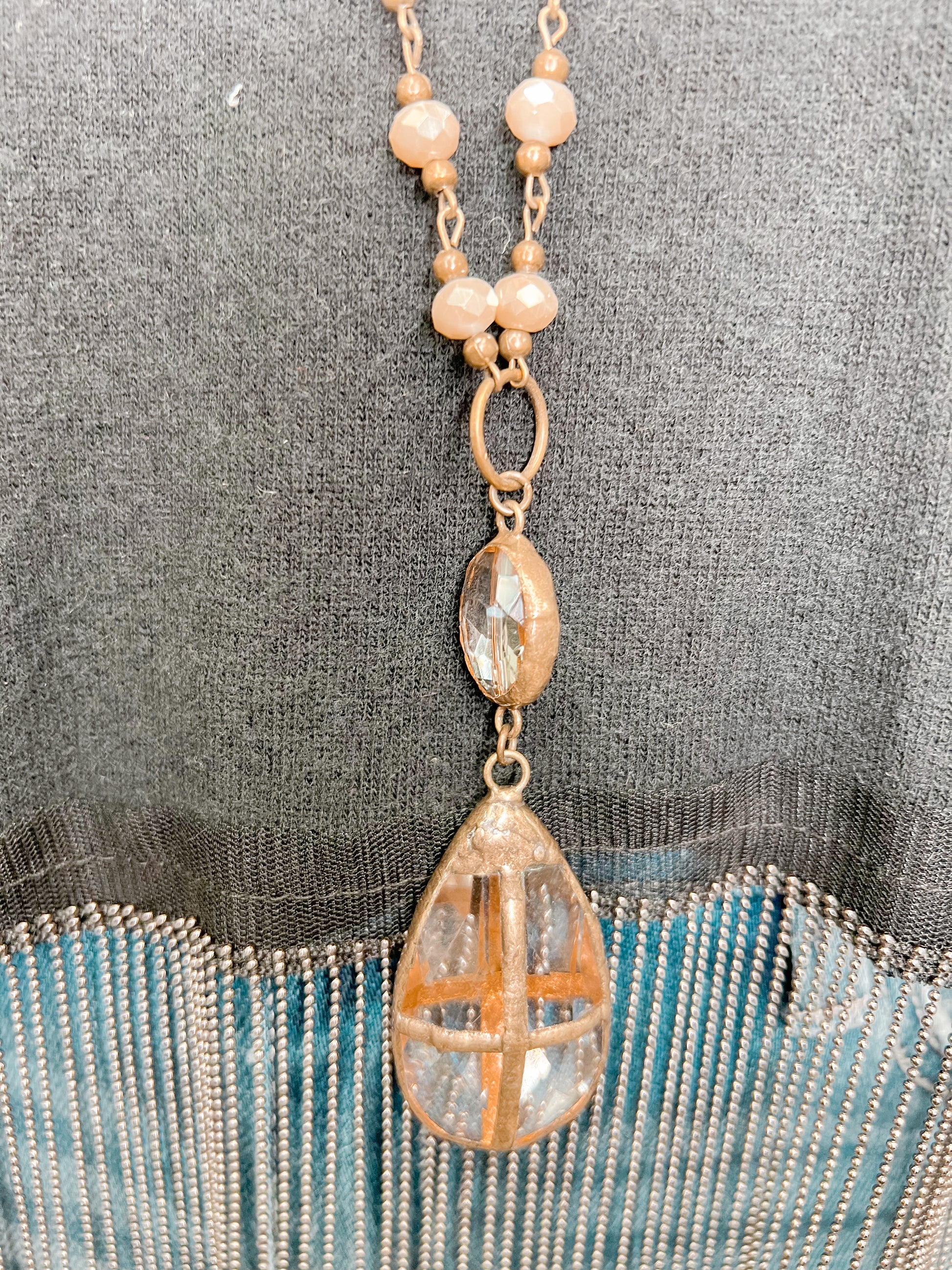 Antique Gold & Nude Crystal Bead Long Necklace with Large Teardrop Pendant-Necklace-OMO Jewelry-NE327660-The Twisted Chandelier
