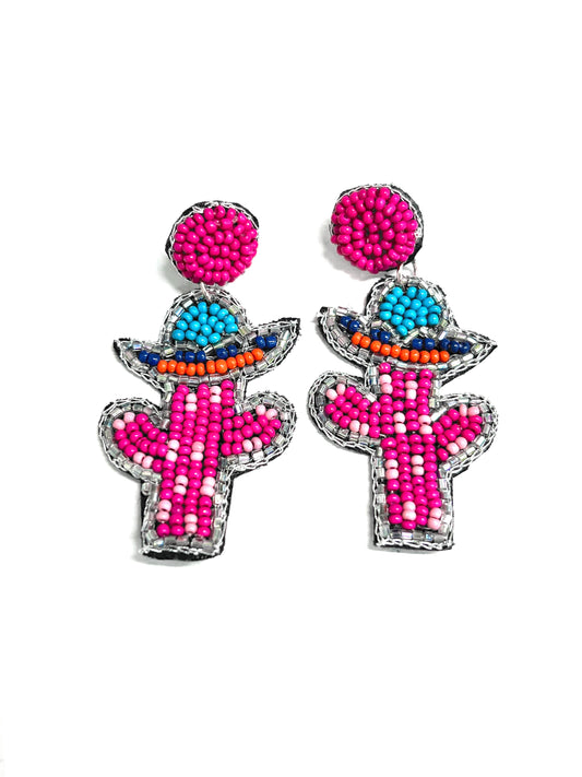 Seed Bead Cactus with Hat On Round Post Pink Earrings-Earrings-806 Accessories--The Twisted Chandelier