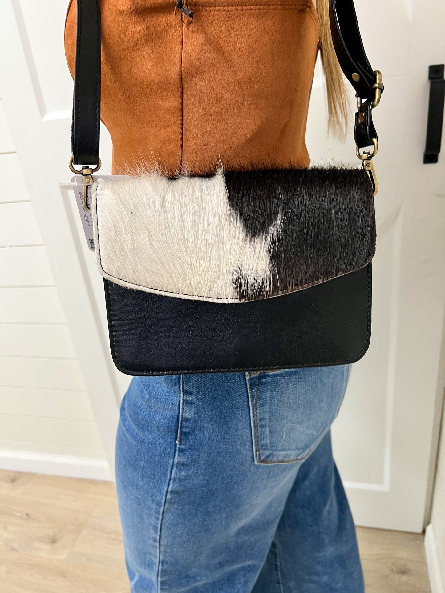 Genuine Black Leather Black & White Cowhide Small Crossbody-Oversized Tote-BS Trading-575, Max Retail-The Twisted Chandelier