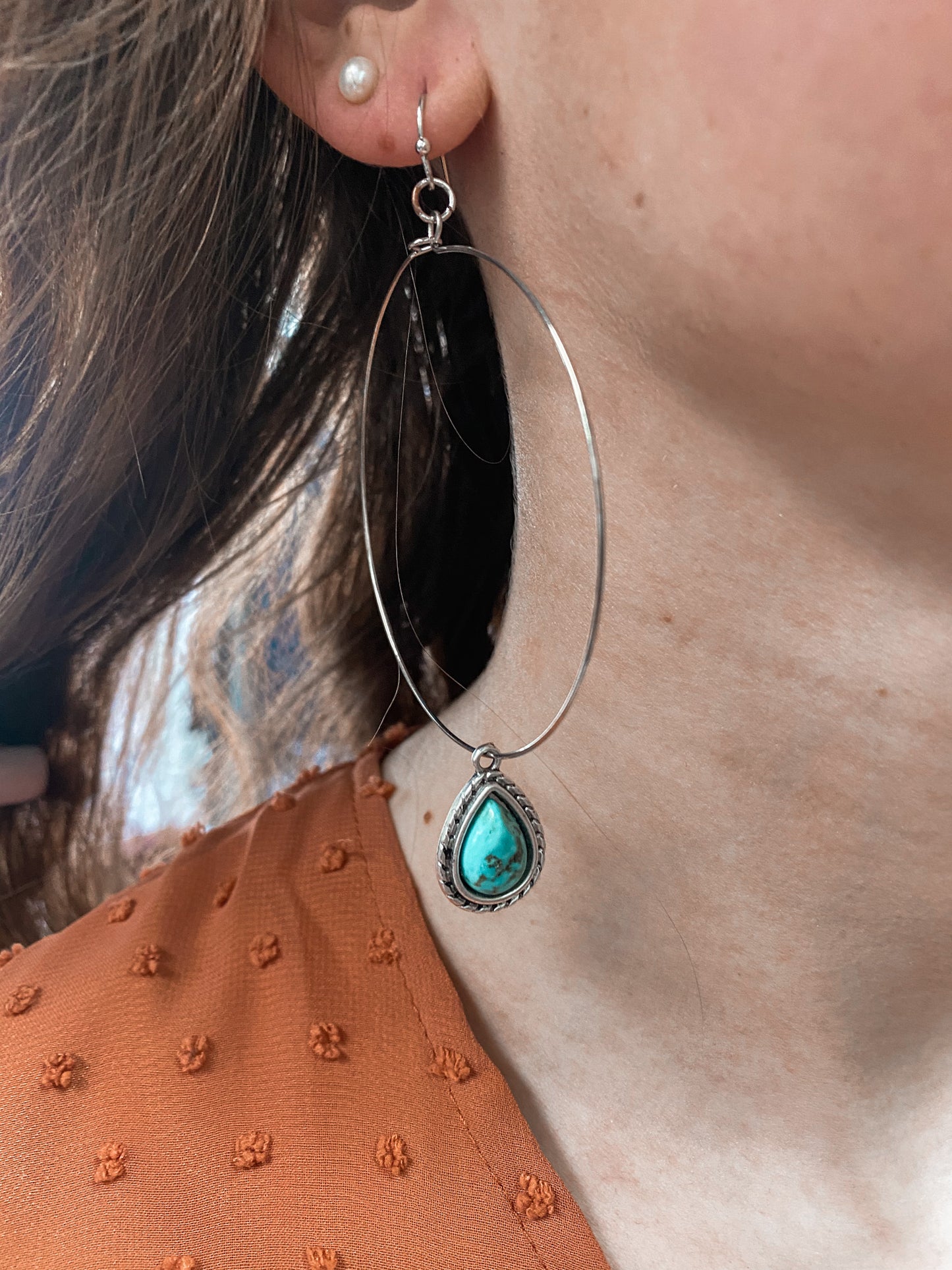 Natural Turquoise Teardrop Hoop Earrings-Earrings-Isac Trading-721988, FEB2022, Mystery 2X - 2X3, Mystery Small - S32-The Twisted Chandelier