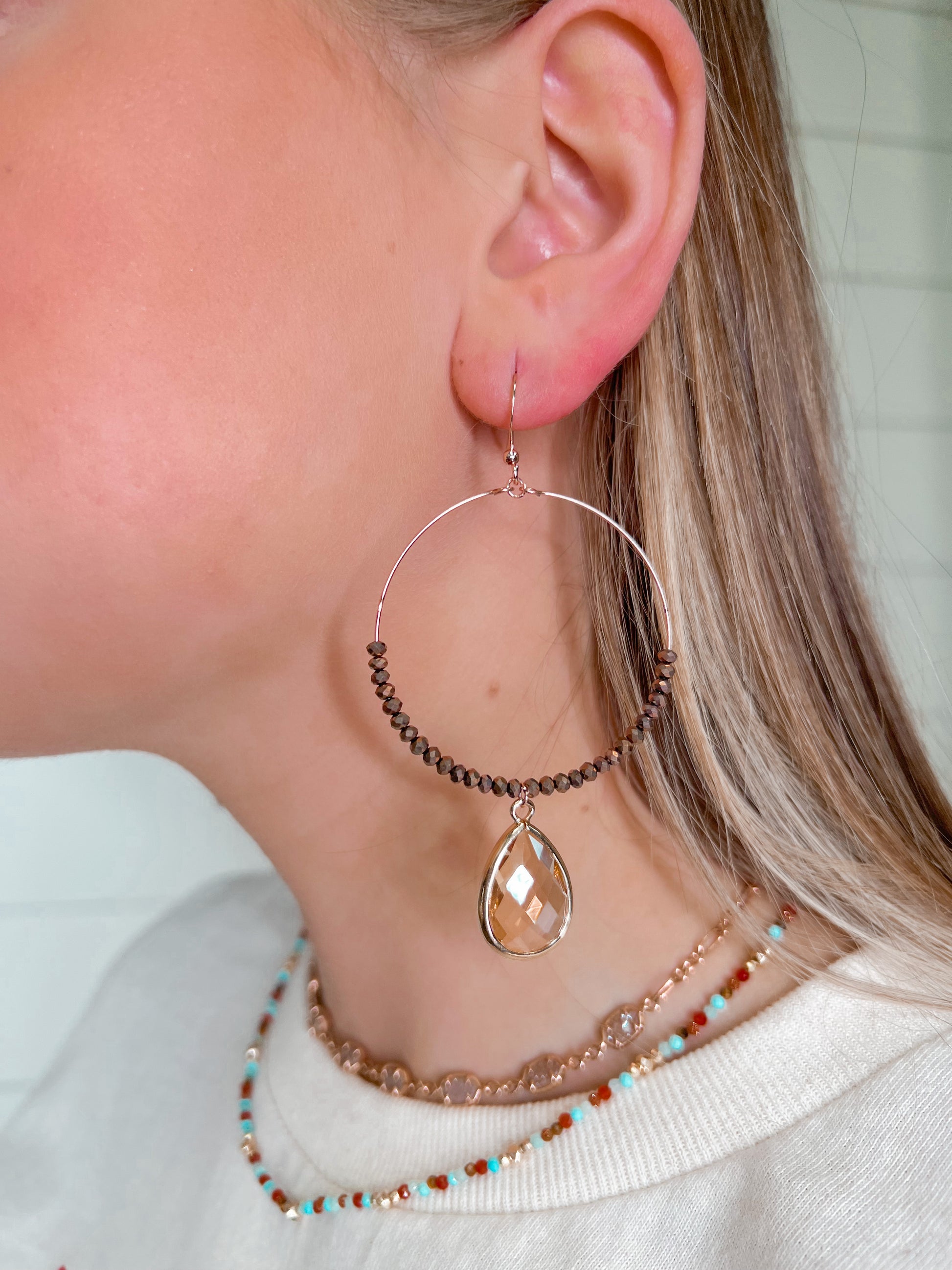Copper Bead Gold Wire Hoop with Crystal Teardrop Earrings-Earrings-OMO Jewelry-ER902738-The Twisted Chandelier
