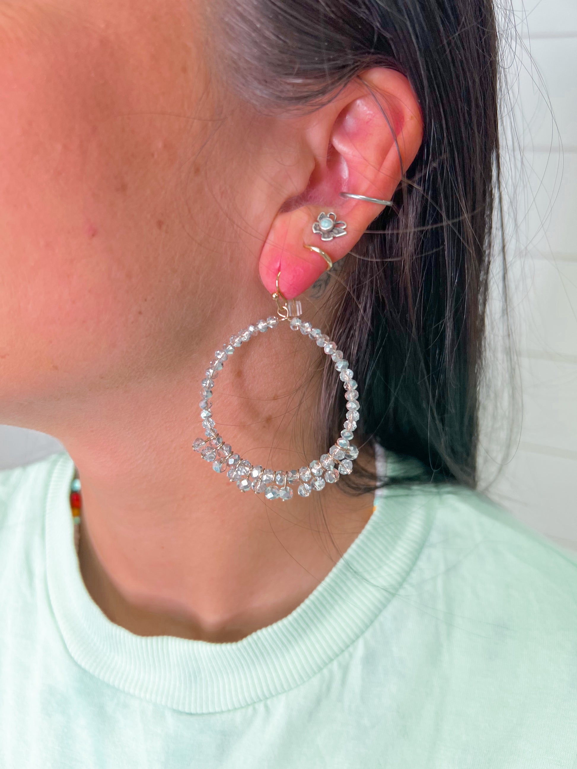 Pink Panache Grey Faceted Bead Circle Hoop Earrings-Earrings-Pink Panache-AUG2021, BALL, E539, E539BAB, PAVE, PEARL, Pearl earrings, pink panache, pink panache earrings-The Twisted Chandelier