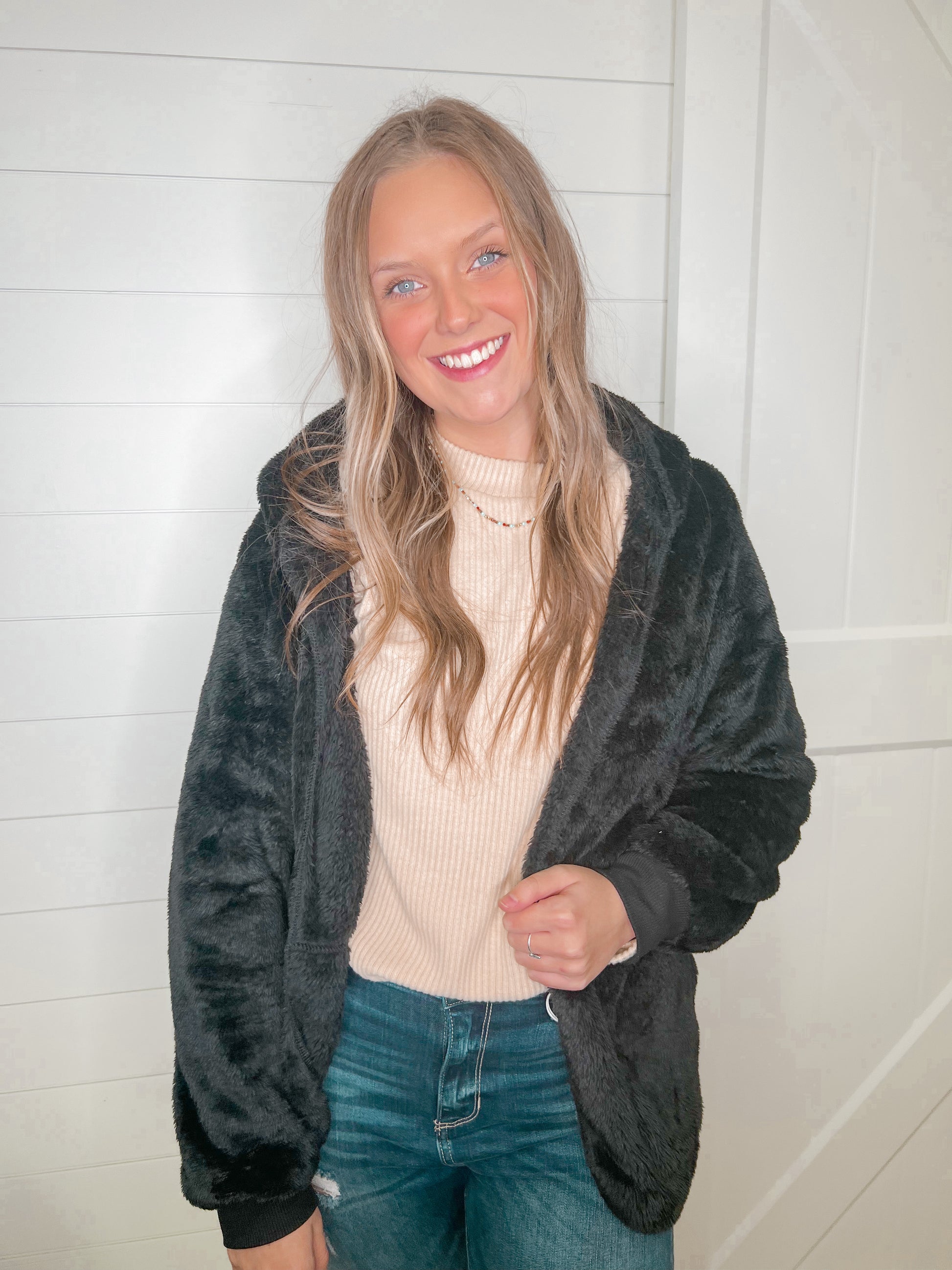 Edith Open Front Hoodie Sherpa Jacket - Black-Jacket-Love Tree-80065JM-The Twisted Chandelier