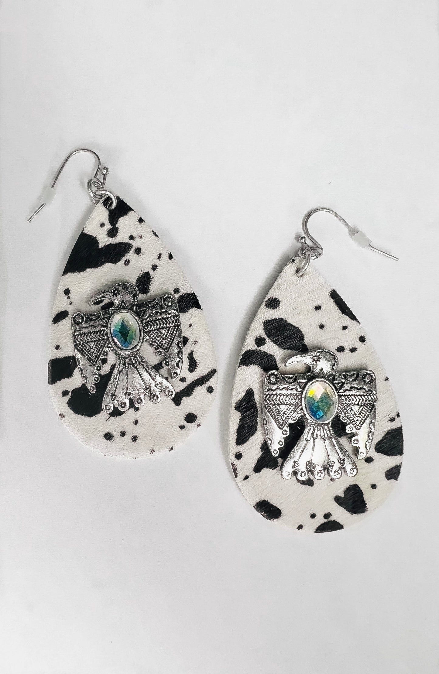 AB Oval Crystal Silver Thunderbird Cowprint Teardrop Earrings-Earrings-806 Accessories-806-E229SIVBL-The Twisted Chandelier