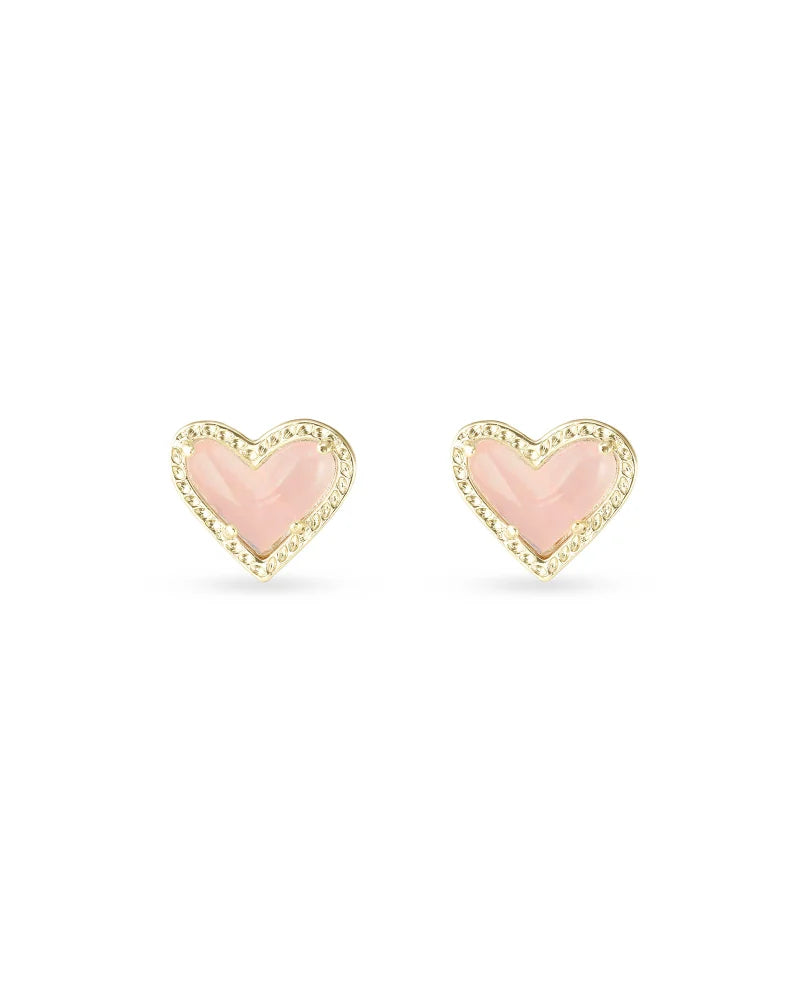 Kendra Scott Ari Heart Gold Stud Earrings in Rose Quartz-Earrings-Kendra Scott-APRIL2022, E1458GLD, KS-The Twisted Chandelier