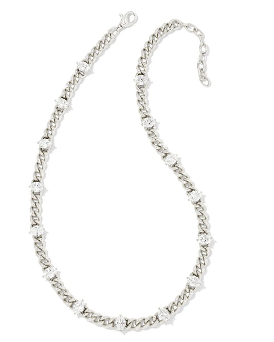 Kendra Scott Cailin Crystal Chain Necklace Rhodium Metal White CZ-Necklaces-Kendra Scott-Max Retail, N1944RHD-The Twisted Chandelier