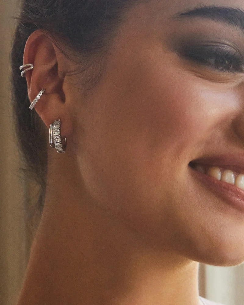 Kendra Scott Livy Silver Huggie Earrings in White Crystal-Earrings-Kendra Scott-APRIL2022, E1733RHD, KS-The Twisted Chandelier